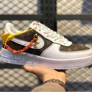 Nike Lv Custom White & Brown Low-Top Men’s Sneakers with Orange Accent Chain